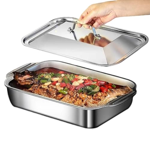 Bandeja de Horno de Acero Inoxidable - Molde Rectangular Profundo para Lasaña, Asados y Tartas | Fuente de Horno Profesional de Alta Resistencia | Apta para Lavavajillas, Sin Tóxicos-y-Calor Uniforme