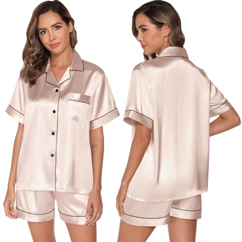 GAESHOW Damen Schlafanzug Set, Satin Pyjamas Damen mit Knopfleiste, Kurzarm und Shorts Zweiteiliger, V-Ausschnitt Seide Hausanzug, Loungewear für...