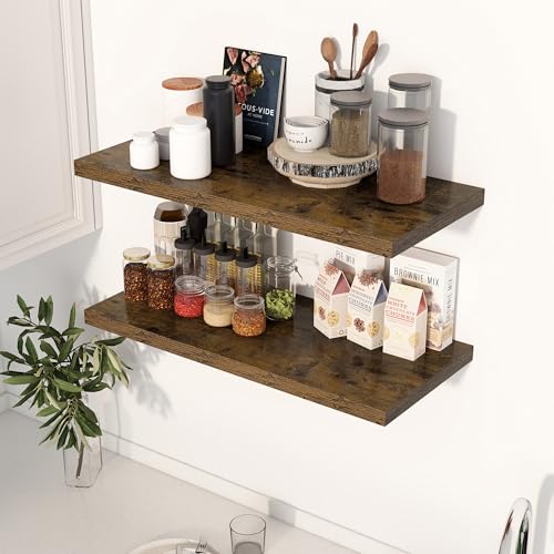 Image of Dreamland 30 inch Floating Shelves for Wall, 12 inch Deep Slim Rustic Brown Floating Shelves, Wall-Mounted Shelves for Bedroom, Living Room, Kitchen, Bathroom - Set of 2