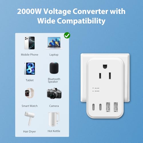 2000W 220V to 110V Voltage Converter US to Europe, Power Converter with Type C, A, G, I Plugs, 2 USB C & 2 USB A Ports, European Travel Converter for Hair Dryer, Curling Iron, Straightener, Chargers3