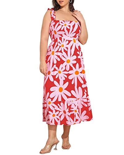 Image of Plus Size Summer Dress - Sun Boho Beach Casual Floral Spaghetti Strap Sleeveless Long Maxi Dresses