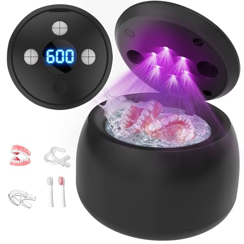 Ultrasonic Retainer Cleaner Machine 45kHz Denture Dome with UV Light Dental Cleaning POD for Aligners Mouth Guards Night Guards Toothbrush Jewelry 200ML Capacity (Black)