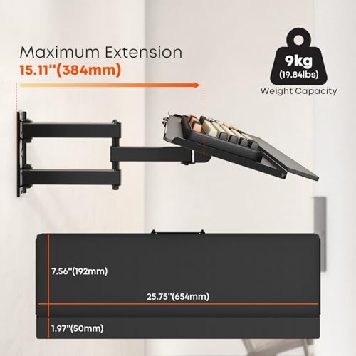 Image of PUTORSEN Wall Mount Keyboard Tray with Adjustable Arm, 7.6 inchx25.8 inch Platform | Holds up to 19.8 lbs,Ergonomic Swivel & Tilt, Universal Keyboard and Mouse Tray for Home Office, Gaming & Streaming
