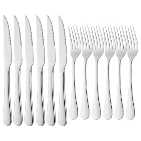Meisha Steak Knife and Fork Set, 6 Steak Knives & 6 Dinner Forks, Stainless Steel Table Knife Set, Mirror Polishing Cutlery Set for Home and Kitchen - Silver Cover
