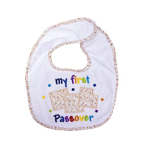 Image of Rite Lite My First Passover Bib - Stylish & Cute White Pesach Seder Baby Bib Rainbow Lettering Matzah Design Jewish Holiday Party Apparel Accessories Party Favors Judaism Baby Gifts for Newborns