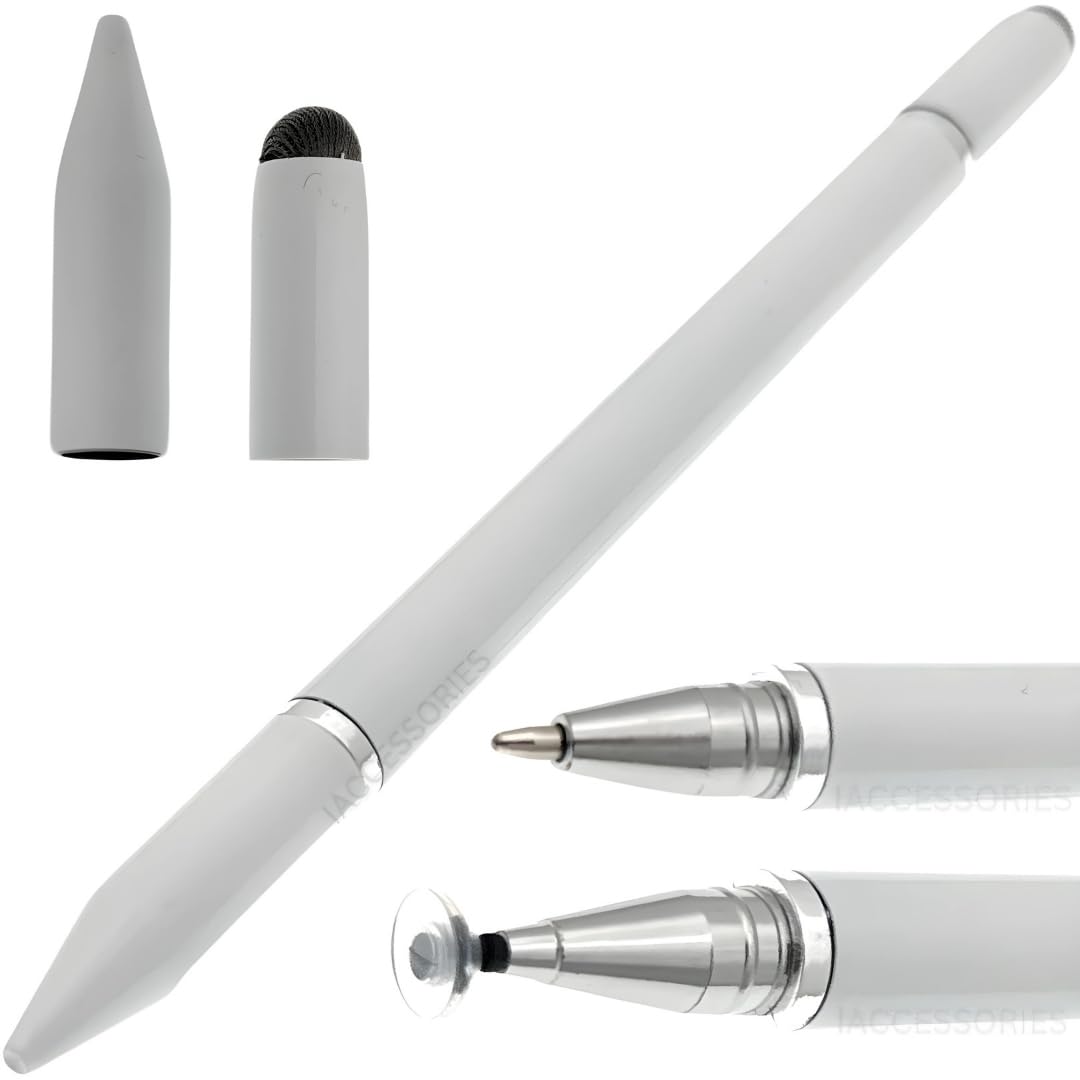 iAccessories 3-in-1 Fine Point Silicon Disc Tip Stylus with Ballpoint Pen for All Touch Screen Devices Android Mobile Phones Tablets Pads - White