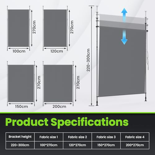 YEAUPE PRO Senkrechtmarkise außen, 200 x 270 cm, Dunkelgrau, ohne Bohren, Klemmmarkise mit Handkurbel, geeignet für Balkon, Terrasse, Außenbereich und Garten, wetterfester Sichtschutz