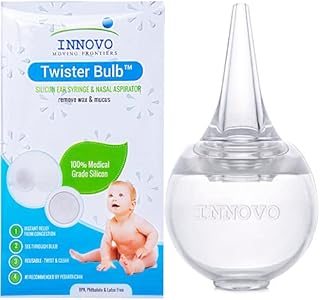 Innovo Hospital Grade Silicone Twister Bulb Baby Ear Syringe and Nasal Aspirator, Sucks Snot and Mucus, Nasal Bulb Ear Syringe, Cleanable and Reusable Clear White