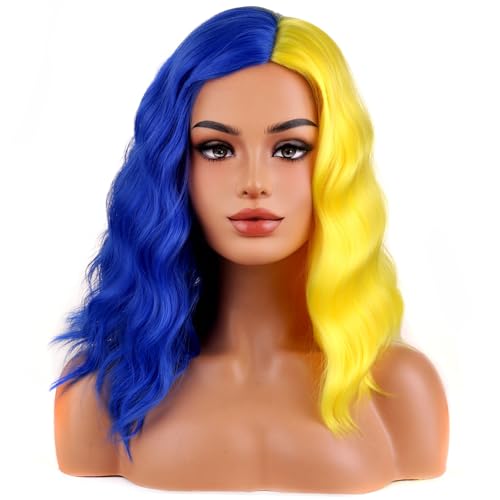 Image of BERON Yellow and Blue Short Wavy Wigs for Women Girls Shoulder Length Curly Wave Two Tone Heat Resistant Synthetic Halloween Costume Cosplay Daily Party Wigs