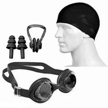 Swimming Kit Swim Goggles and Swim Caps Combo Set, Nose Clip, Ear Plug & Case- Silicone Non-Slip Material on Glasses & Cap, Anti-Fog, UV Protection, Adults Men Women kids | Black-67