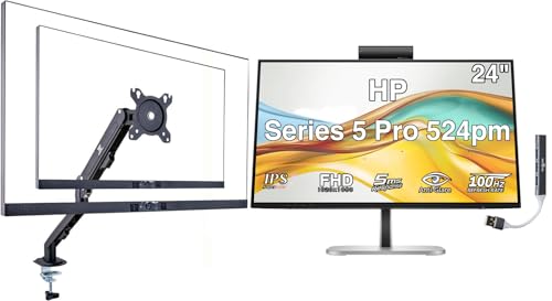 Image of HP Series 5 Pro 524pm 24 inch FHD IPS Monitor with 5ms Response Time, Anti-Glare, Flicker Free, VESA Mount (100mm), Displayport, HDMI, Black /Silver (9E0G9UT#ABA) w /DKZ Hub & ErgoFlexy Single Mount Arm
