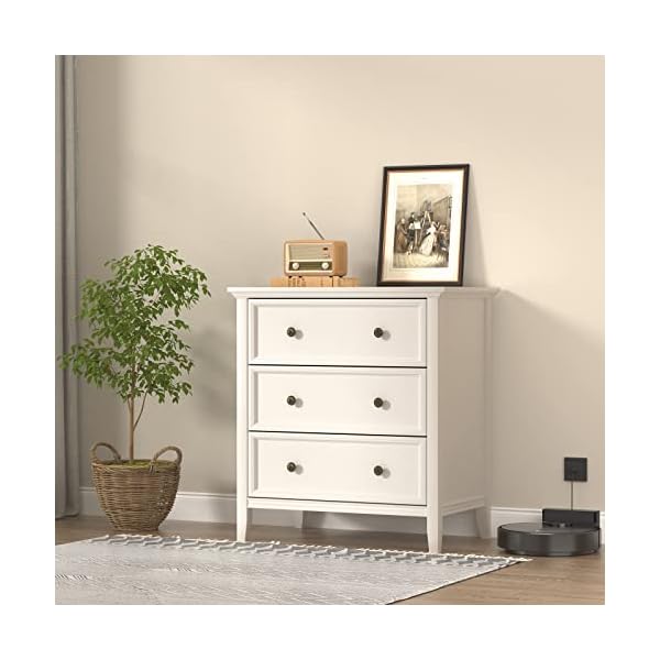 Ikeno white nightstand with 3 drawers and charging station solid wood nightstand organizer for bedroom  urban country home decor