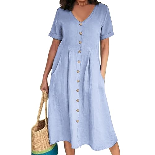 Kleid Damen Sommer musselin Einfarbig Baumwolle Leinen V-Ausschnitt Halben Ärmel Bluse Beach Dress（Hellblau, XL