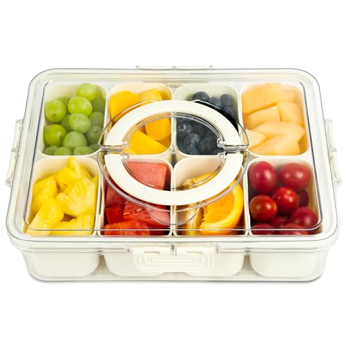 OSDUE Snack Box, Snackbox mit 8 Fächern, Snackschale mit Deckel und Griff, Transparente Snackteller, Snackteller mit fächern, für Candy Veggie Keks Nüsse Obst, Snack Box für Party, Picnic, mit 5 Gabel