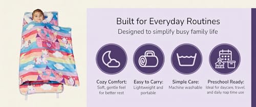 Image of EVERYDAY KIDS Nap Mat with Removable Pillow - Unicorn Dreams - Carry Handle with Straps Closure, Rollup Design, Soft Microfiber for Preschool, Daycare, Travel Sleeping Bag - Ages 3-6 Years