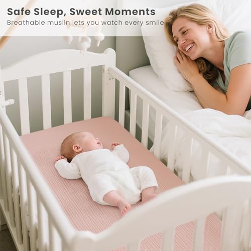 Image of Konssy Muslin Fitted Bassinet Sheets 2 Pack for Baby Girl Boy, Soft Bedside Sleeper Bassinet Sheets Fit for Baby Bassinets, Moses Basket Oval Rectangle Pad /Mattress