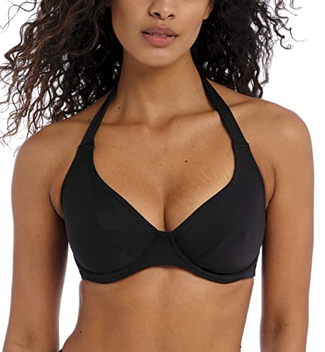 Freya Jewel Cove Banded Underwire Halter Bikini Top (7232),36F,Plain Black
