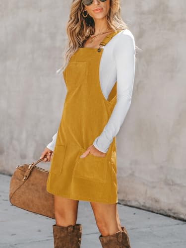 Image of CUPSHE Women Corduroy Fall Dresses Front Bib Pocket Square Neck Wide Strap Casual Overall Mini Dress
