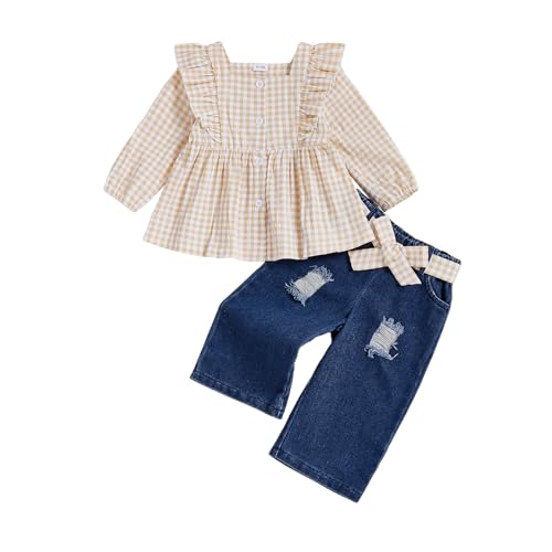 Jean Pants Set for Toddler Baby Girl Fall Two Piece Outfit Long Sleeve Ruffle Plaid Top Ripped Denim Trousers