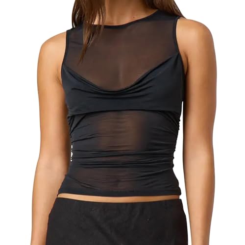 Women Sheer Mesh Tank Top See Through Cami Y2k Going Out Tops