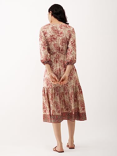 Image of AASK Abstract Printed Puff Sleeve Gathered Detailed Fit Flare Dress
