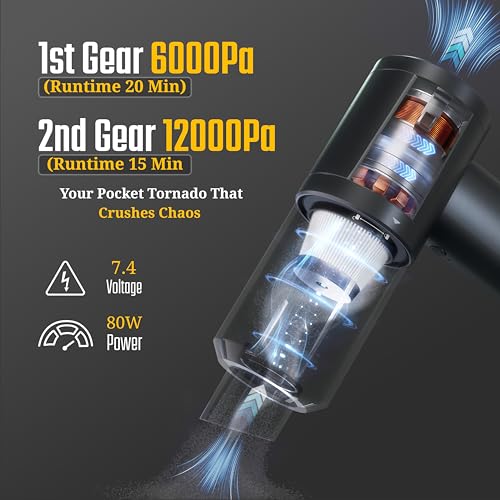 Image of Car Vacuum Portable Cordless 12000Pa Powerful Suction Handheld Mini Rechargable Small Vacuum Cleaner Brushless Motor 4000mAh Rechargeable Type C Blower Inflator Deflator Car Cleaning