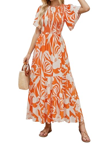 Image of ZESICA Women's 2026 Summer Boho Floral Maxi Dresses Casual Short Flutter Sleeve Smocked Tiered Flowy Dress