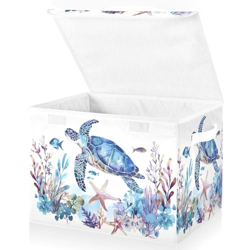 senya Baskets Collapsible Storage Bins with Lids, Ocean Turtle Starfish Storage Boxes Clothes Baskets for Organizing, B06D22020