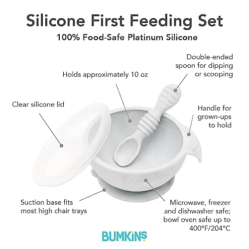 Bumkins Baby Bowl, Silicone Baby Feeding Set with Suction for Baby and Toddler, Includes Spoon and Lid, First Feeding Set, Essential for Baby Led Weaning for Babies 4 Months, Marble by Bumkins - Image 5