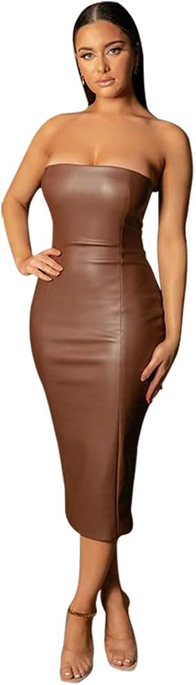 XLLAISWomen Sexy Strapless Tube Top Club Midi Dress Off Shoulder Bodycon Party Faux Leather Dress
