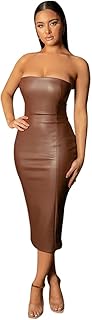 XLLAIS Women Sexy Strapless Tube Top Club Midi Dress Off Shoulder Bodycon Party Faux Leather Dress