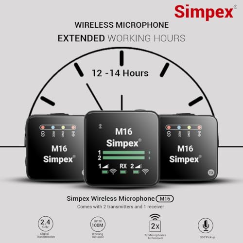 Image of Simpex M-16 Wireless Microphone System with ANC Noise Reduction, 360 Sound Capture, 100M Range, Upto 12 Hrs Working Time, for DSLR Camera, Android & iOS Smartphones, Seamless Audio Recording