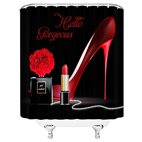 Vpupcn Red High Heel Shower Curtain Hello Gorgeous Black Perfume Flower Lipstick Fashion Makeup Romantic Woman Girls Polyester Curtains Bathroom Decor With Hooks 70Wx70H Inch #TOP1