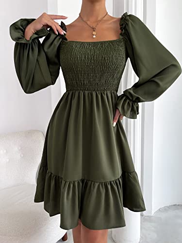 SheIn Women's Shirred Ruffle Long Sleeve Mini Dress Square Neck Flowy A Line Short Dresses Army Green Large