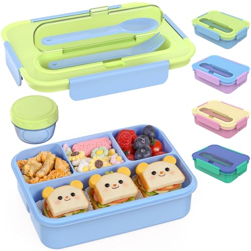 Caperci 50oz Larger Bento Box for Kids - Reinforced Leakproof Lunch Box Containers for Kids, Built-in Sauce Cup, Utensils, 4 Compartments, BPA-Free Microwave & Dishwasher Safe (Lime/Blue)