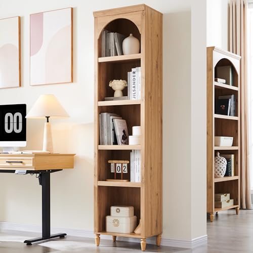 IFGET 76' Tall Arched Bookcase, Farmhouse 5 Tiers Narrow Arched Bookshelf Cabinet with Adjustable Shelves, Modern Wooden Book Shelf w/Storage and Open Display Shelves for Living Room, Office-Natural