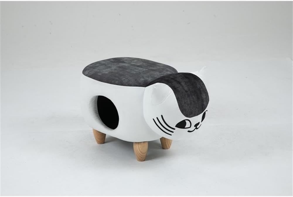Pemberly Row Cat Condo Fabric Pet House Ottoman, Multi-Color Finish, 15 in x 14 in x 24 in, Solid Wood Legs, Kitten-Shaped Design, Comfortable Pet Hideaway and Storage for Toys and Accessories
