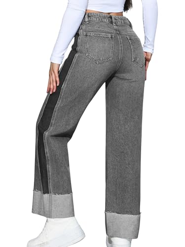 Women's High Waisted Wide Leg Jeans Patchwork Raw Hem Straight Leg Cuffed Denim Pants Summer 2025 Trendy3