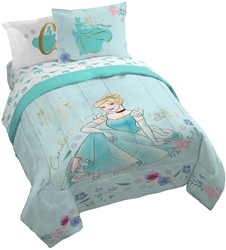 Image of Disney Princess Cinderella Queen Comforter Set 7 Piece Kids Bedding, Blue | Bed in a Bag, Comforter Sheets Shams Pillowcases, Official Product, Soft Microfiber, Machine Washable, Girls Gift
