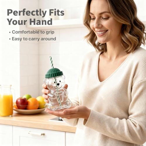 Image of Bear Straw Cup Glass Tumbler 20 oz with Reusable Straw & Green Lid, Cute Animal Shaped Drinking Glass Mug for Water, Juice, Smoothies, Milk, Coffee, Travel & Gifts