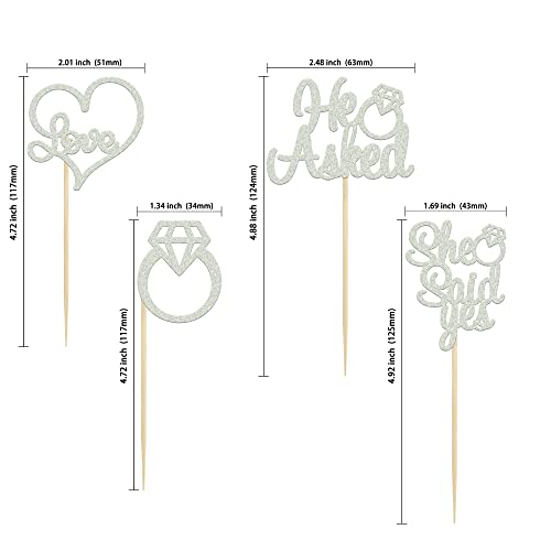 Gyufise 24 Pack Silver Glitter He Asked She Said Yes Cupcake Toppers Diamond Ring Heart Cake Picks For Wedding Engagement Party Cake Decorations #TOP1