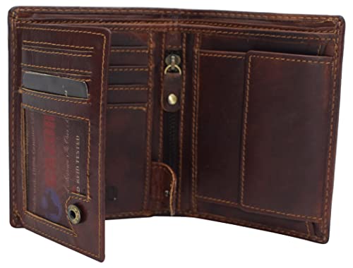 Large RFID Genuine Vintage Leather Card Holder Bifold Trifold Wallet Snap Closure 2 ID Windows for Men (Vintage Brown)