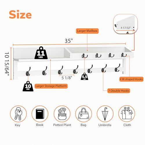 Image of AMBIRD 35 inch Coat Rack Wall Mount, Extra Long Coat Hooks Wall Mount, Entryway Shelf with 7 Dual Coat Hooks 4 Key Hooks Mail Organizer, Wooden Wall Coat Rack with Hooks, Key Holder Rack (White)