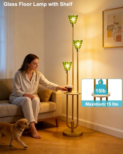 Image of Lightdot Green Glass Floor Lamp with Shelf, 63IN Mid Century Modern Gold Standing Lamps with 3 3000K Soft Warm White Bulbs Included, Floor Lamp with 5Lbs Heavy Base for Living Room /Wedding /Office