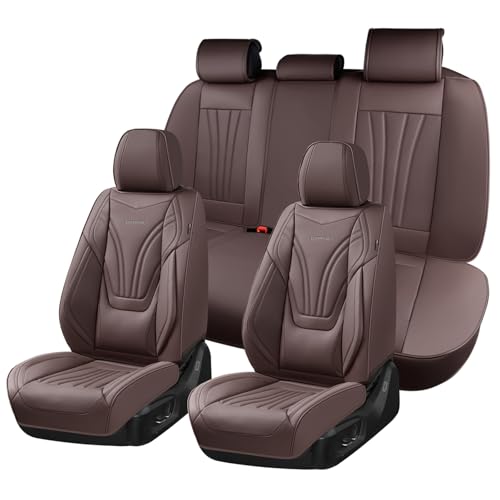 Image of Coverado Car Seat Covers Full Set, 5 Piece Car Seat Protector with Lumbar Support & Removable Headrest, Breathable Leather Front Rear Seat Cushion Universal Fit for Truck Automotive Brown