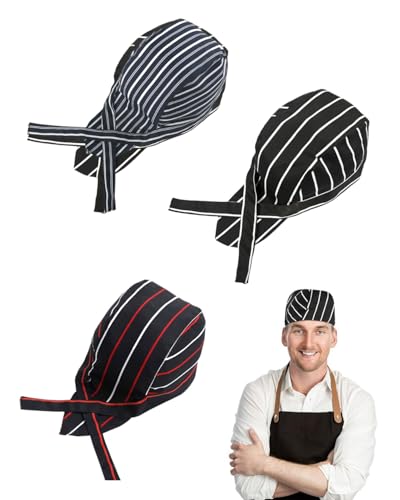 LEEQ 3pcs Sombrero de Cocinero Ajustable - Japonés Gorro de Trabajo de Cocina Chef Hat Gorro de Cocinero Gorro Unisex Cocina Gorro de Chef en Algodón para Hornear Cocinar Cocina, raya