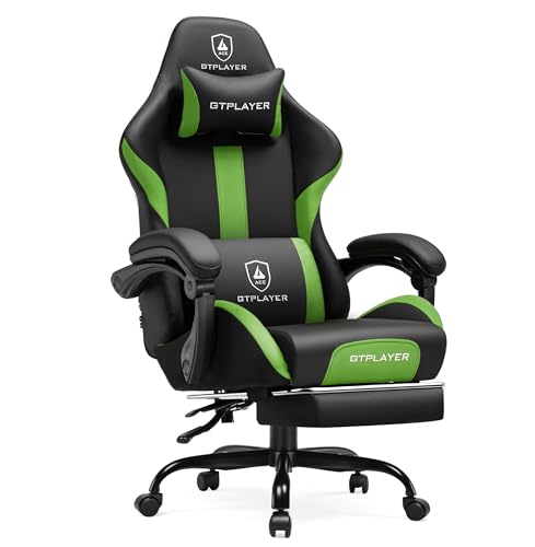 Image of GTPLAYER Gaming Chair with Pocket Spring Cushion, Leather Office Chair with Ergonomic High Back & Lumbar Support for Back Pain Relief, Computer Game Chair for Adults, Grass Green