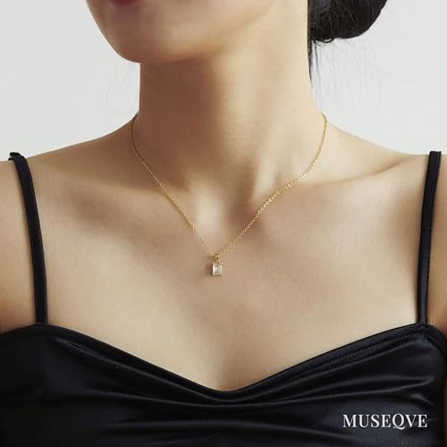 14K Gold Plated CZ Solitaire Necklace for Women • Princess Cut Square Rectangle Rhombus Cubic Zirconia Diamond Pendant Jewelry • Tarnish Free Adjustable Chain [CZN]4