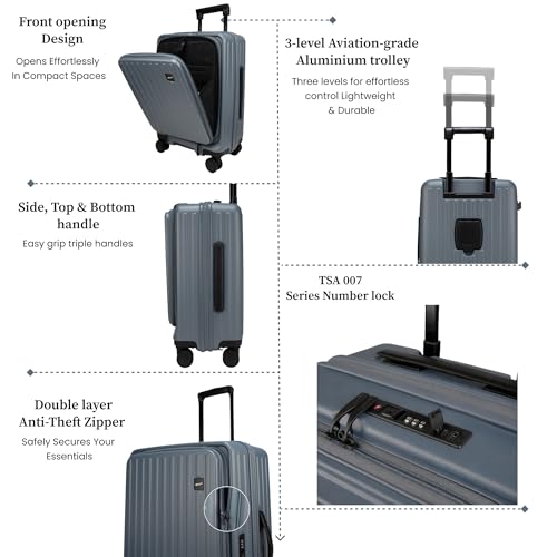 Image of F Gear Montreal Small Cabin Pro 54cm German Polycarbonate Hard Luggage |8 Japanese Hinomoto Silent Wheels|USB & Type-C Charging | Front Opening Suitcase for Travel (Stone Blue)