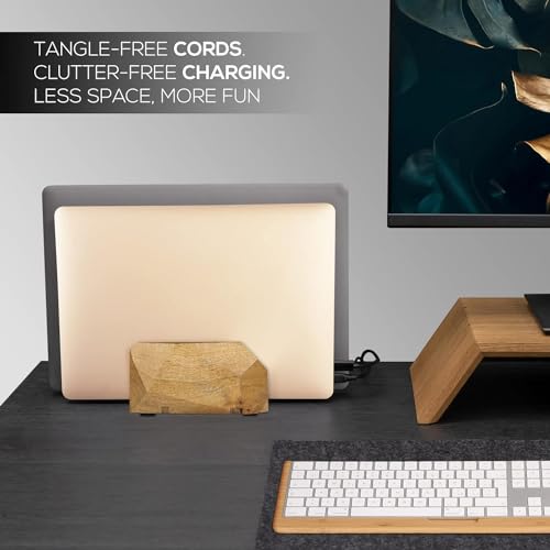 Image of Width Adjustable Vertical Laptop Stand for Desk, Laptop Holder to Dock MacBook, MacBook Pro and Other Laptops, Versatile Vertical Laptop Docking Solutions - Mango Wood